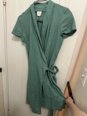 Linen Handmade Studio Mini Wrap Dress “Safari” in Teal